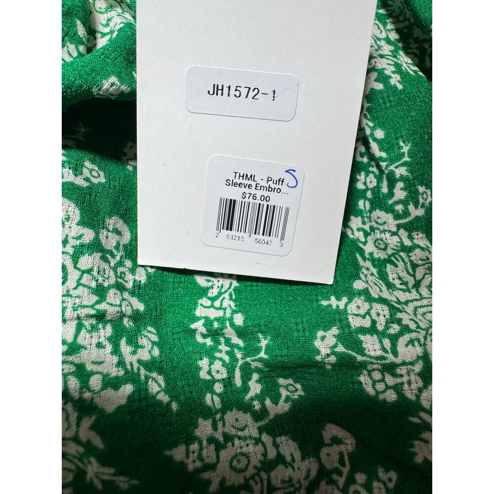 NWT THML Blouse Womens S Green Pink Embroidered Floral Puff Sleeve Button Back - Picture 14 of 16